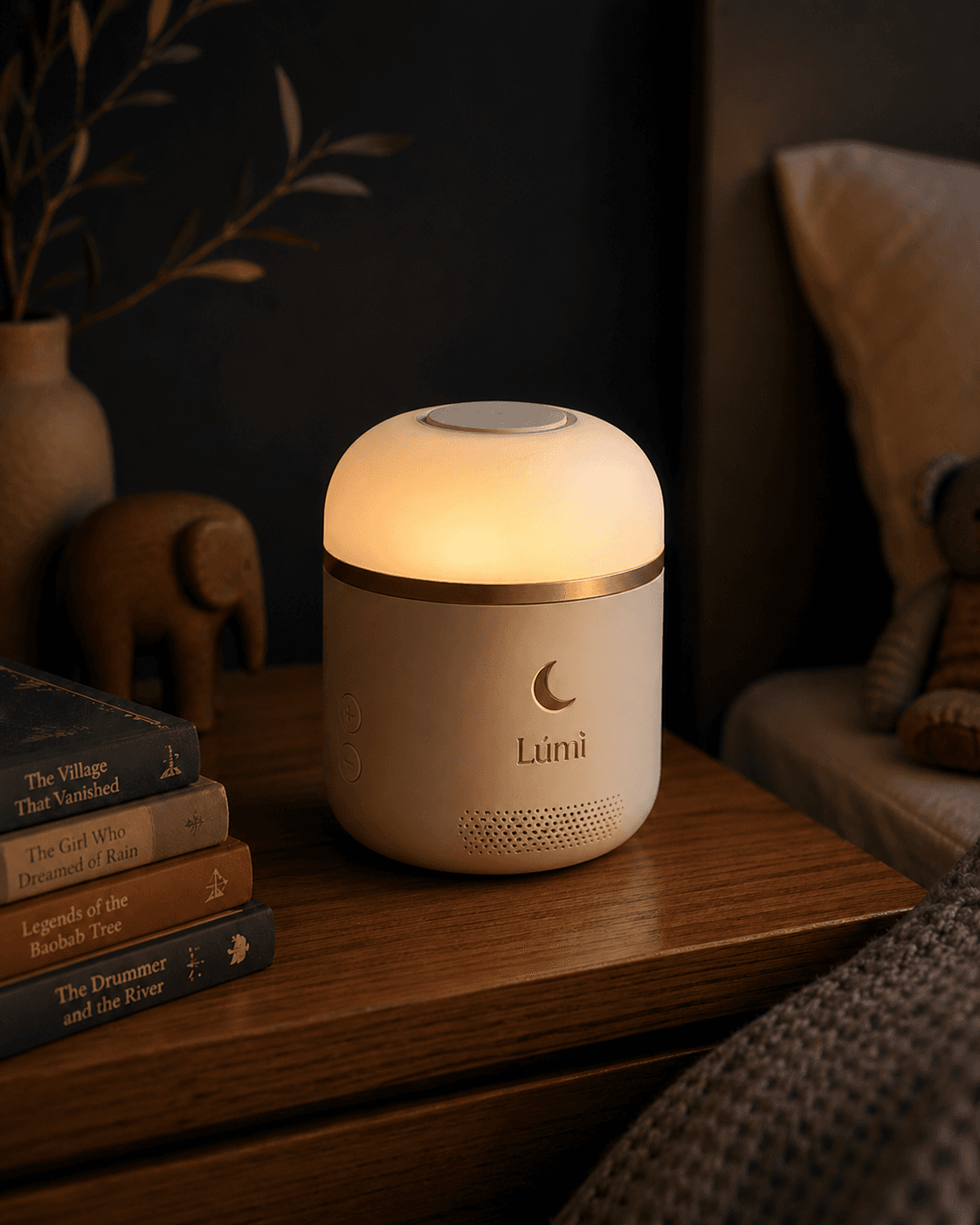 The Lùmì device glowing softly on a bedside table beside a stack of folktale books and a wooden elephant figurine.